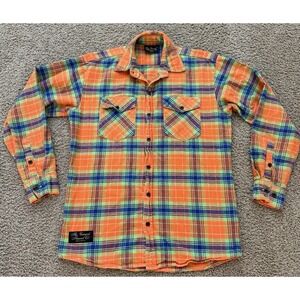 Vintage Vermont Flannel Shirt Mens Small Orange Green Plaid Button Up USA